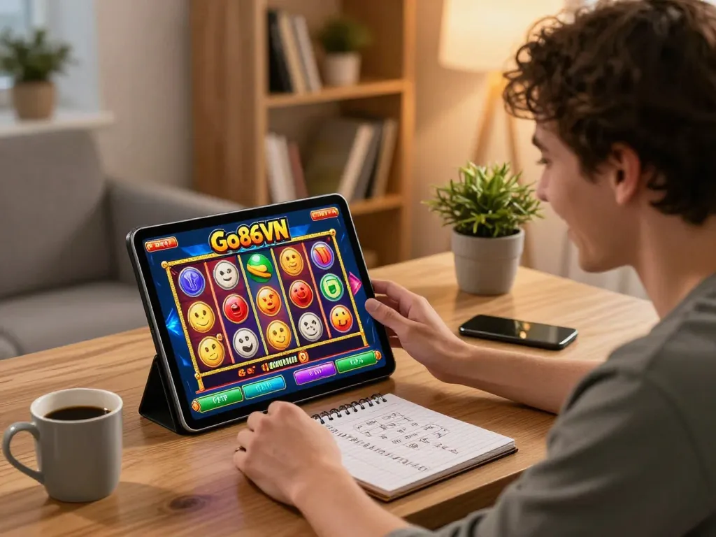 Engaging online gaming moment on Go86VN, showcasing a player excitedly preparing to bet on a tablet.
