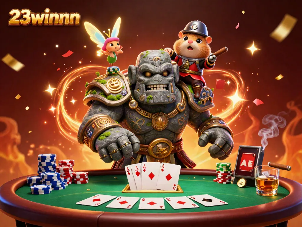 Engaging 3D scene with golem guardian and hamster knight at a poker table representing 23winnn.
