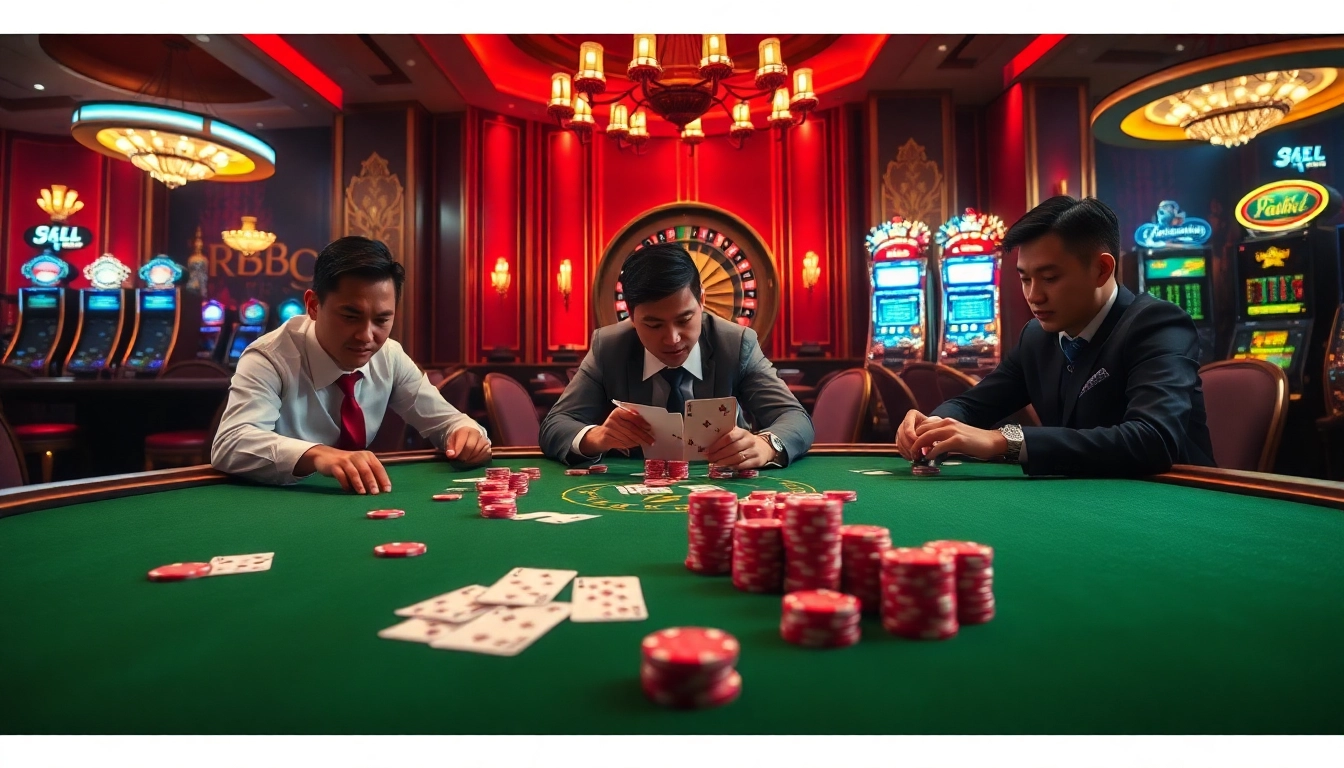 RR88 poker game showcasing high stakes with chips, cards, and casino excitement
