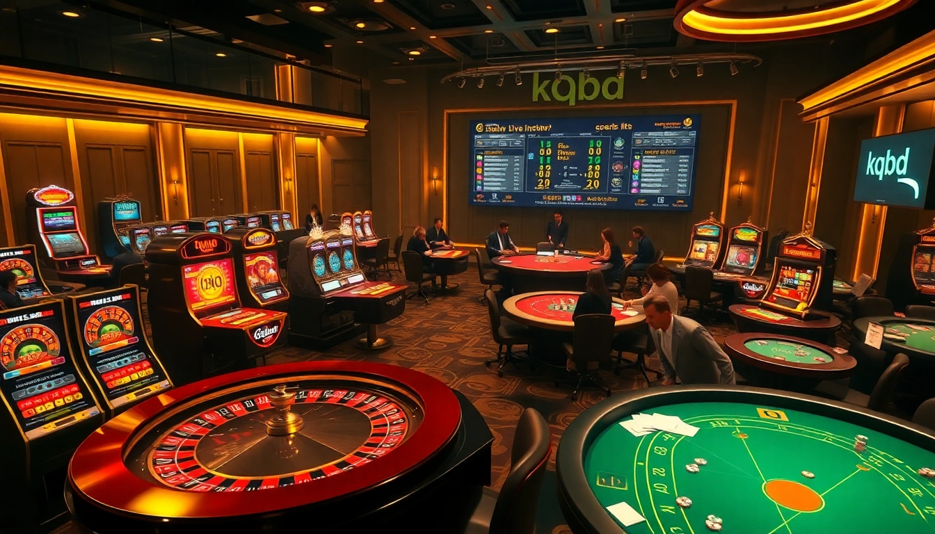 KQBD sports scores displayed in a luxury casino setting with poker tables and slot machines.