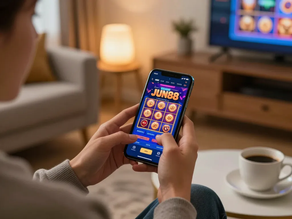 Explore JUN88 mobile gaming with a user engaging on a smartphone in a cozy living space.