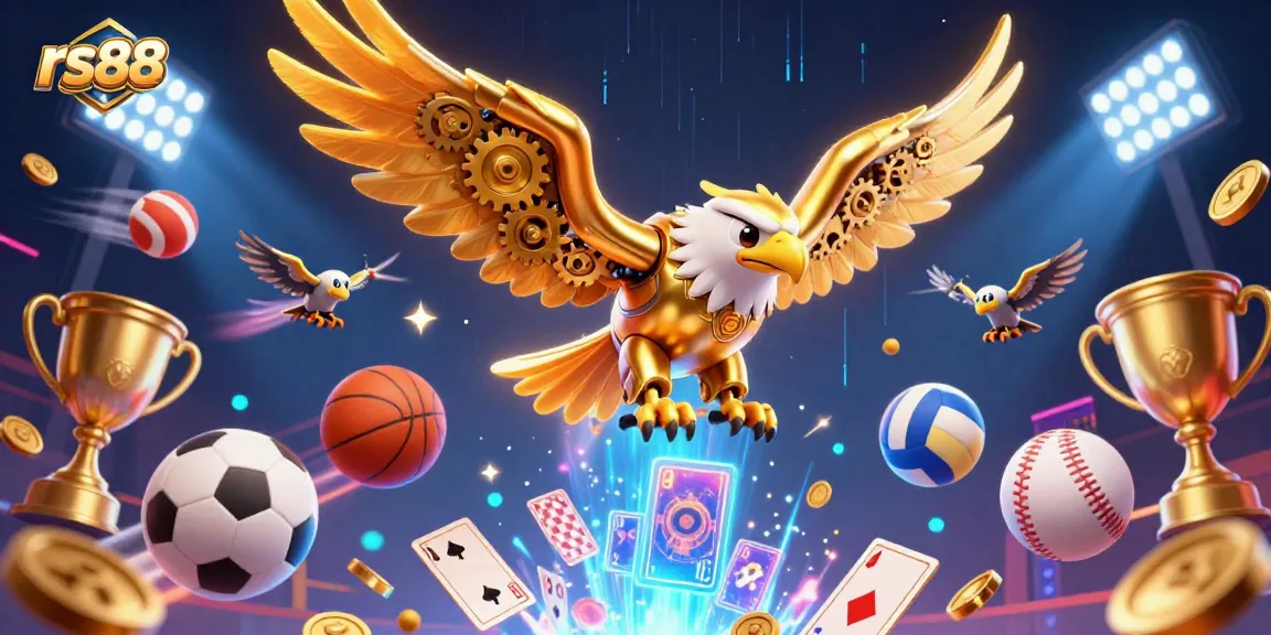 Experience thrilling gameplay with rs88, featuring a golden eagle diving through holographic cards.