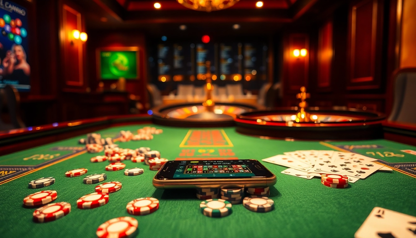 Vibrant casino scene showcasing high-stakes gaming at trang chủ kkwin with poker chips and roulette.