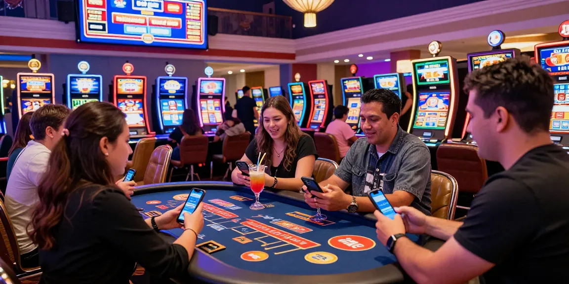 Enjoying credit card casinos at https://eatm.org.uk with diverse players, vibrant lights, and casino games.
