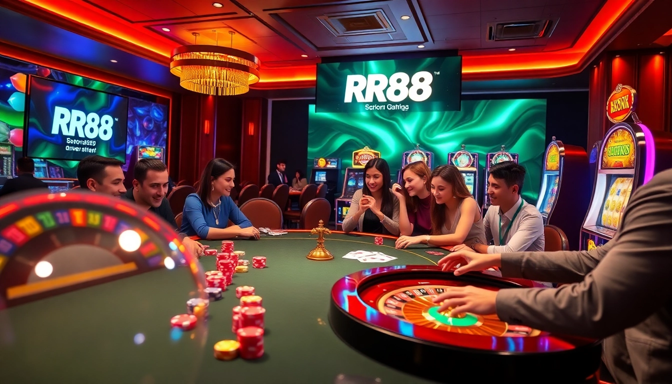 Celebrate wins at RR88 with engaging visuals of online gambling tables and slot machines.