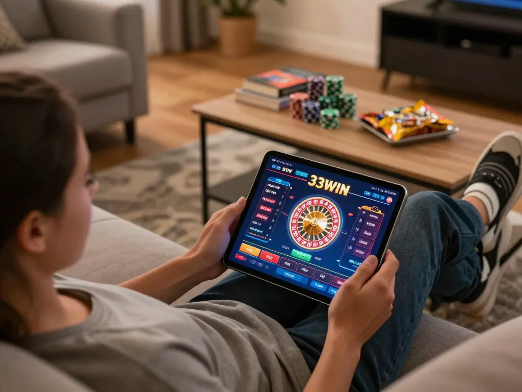 Engaging with the 33win casino app on a tablet, enjoying online betting from home.