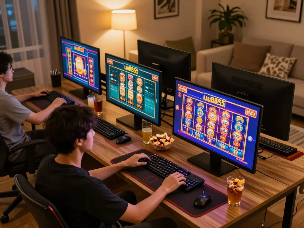 Player enjoying uu8855 online casino games at home with vibrant screens and cozy setup.
