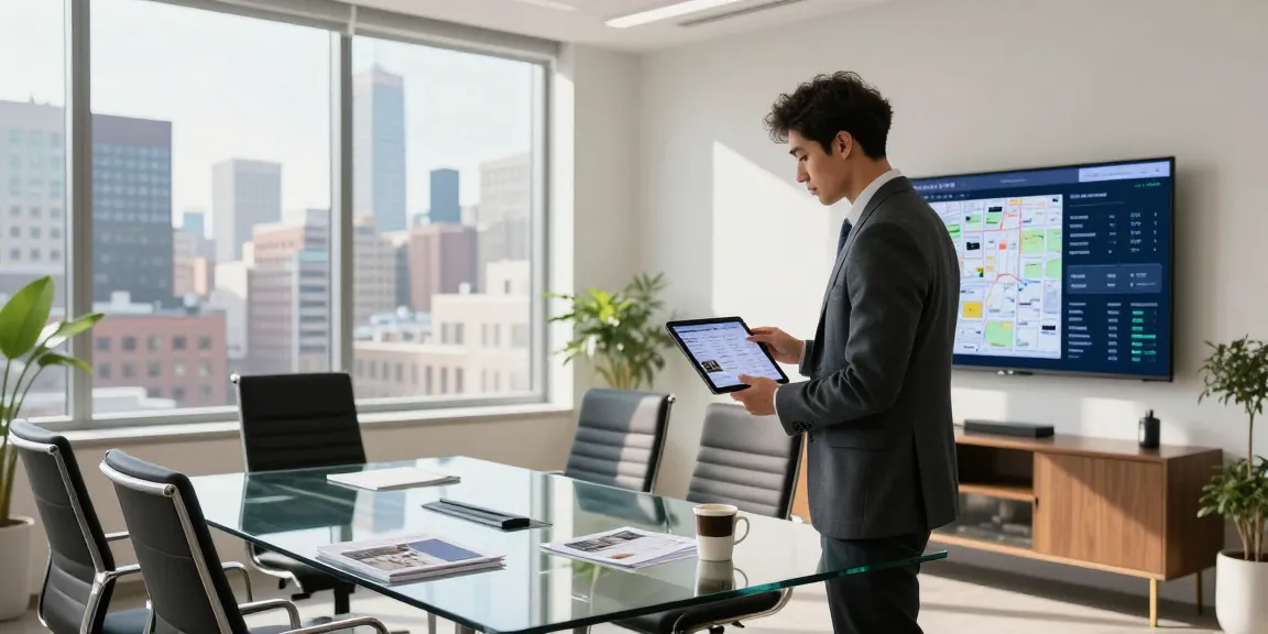 IDXSTAR agent using tablet in modern office for real estate listings.