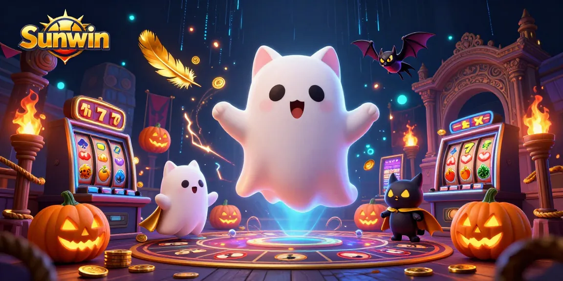 Spin and win with Sunwin's lively casino game scene featuring ghost cat and vibrant slots.