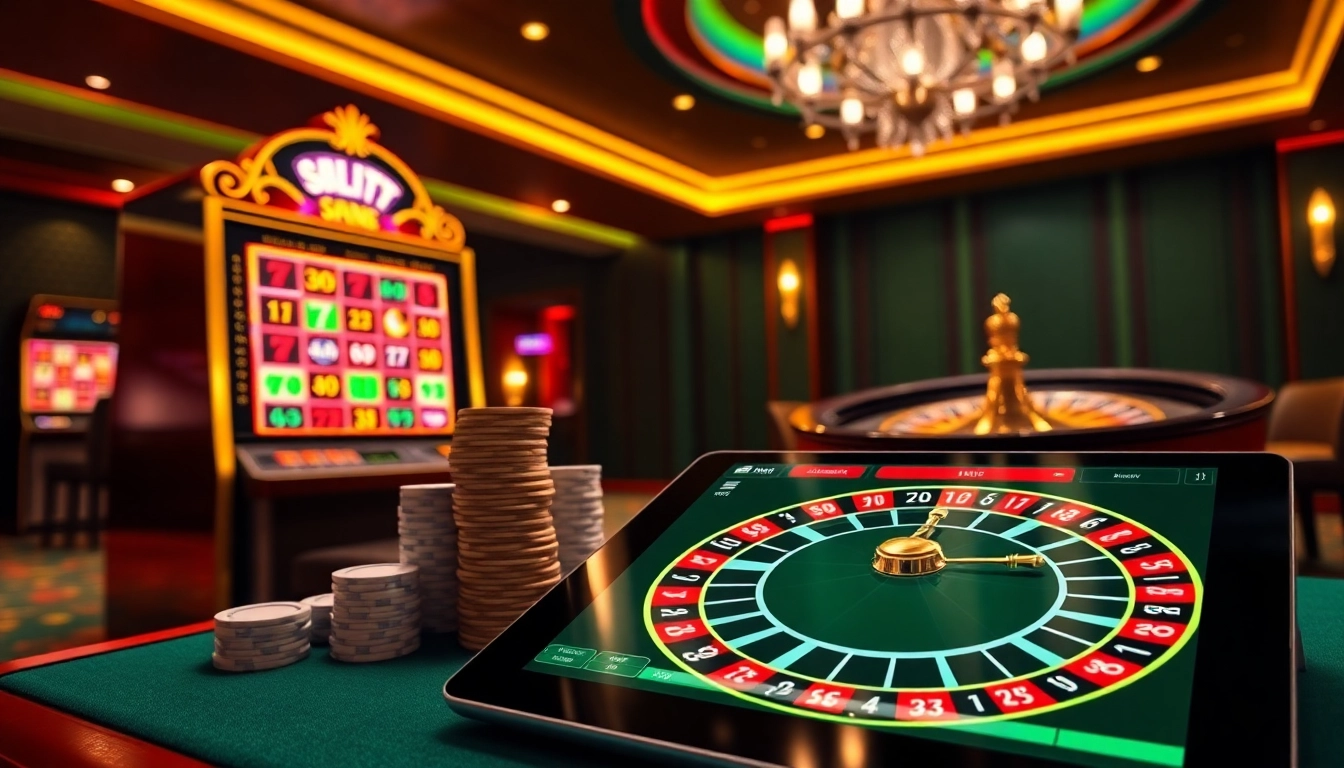 Experience the vibrant online gaming atmosphere at https://888vina.com/ with luxurious slot machines and poker chips.