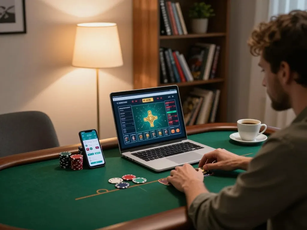 Experience thrilling online poker playing with 789WIN at home, showcasing a cozy gaming setup.