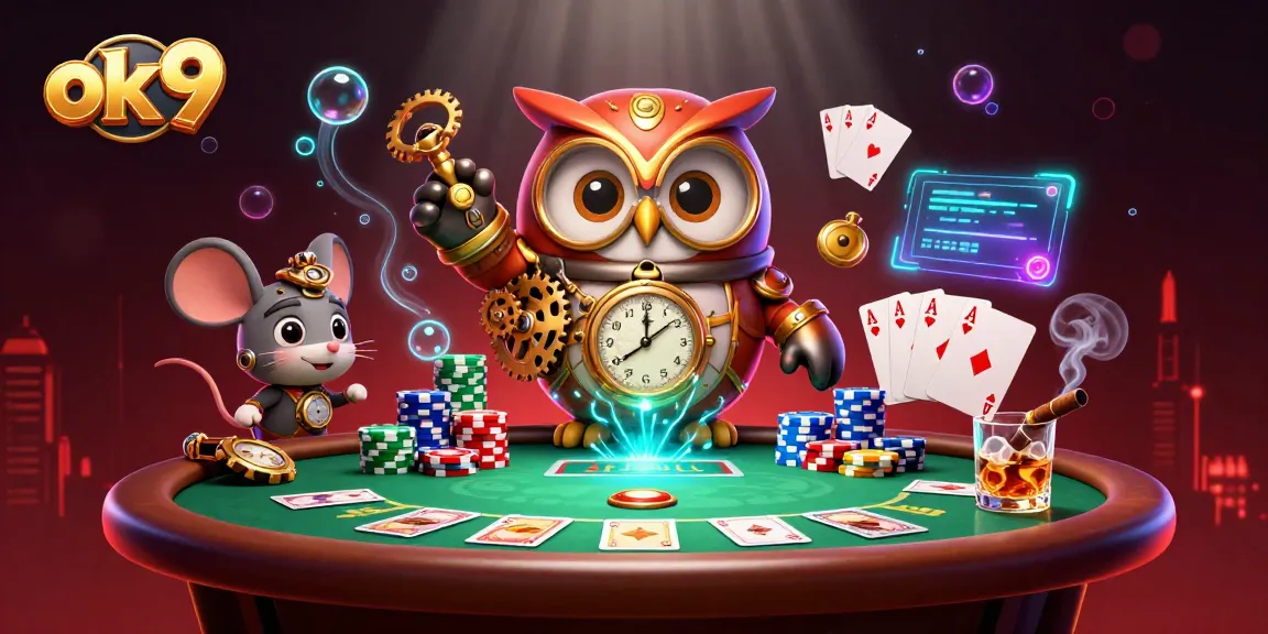 ok 9 engages players in an exciting poker scene with a time-traveler owl and vibrant casino elements