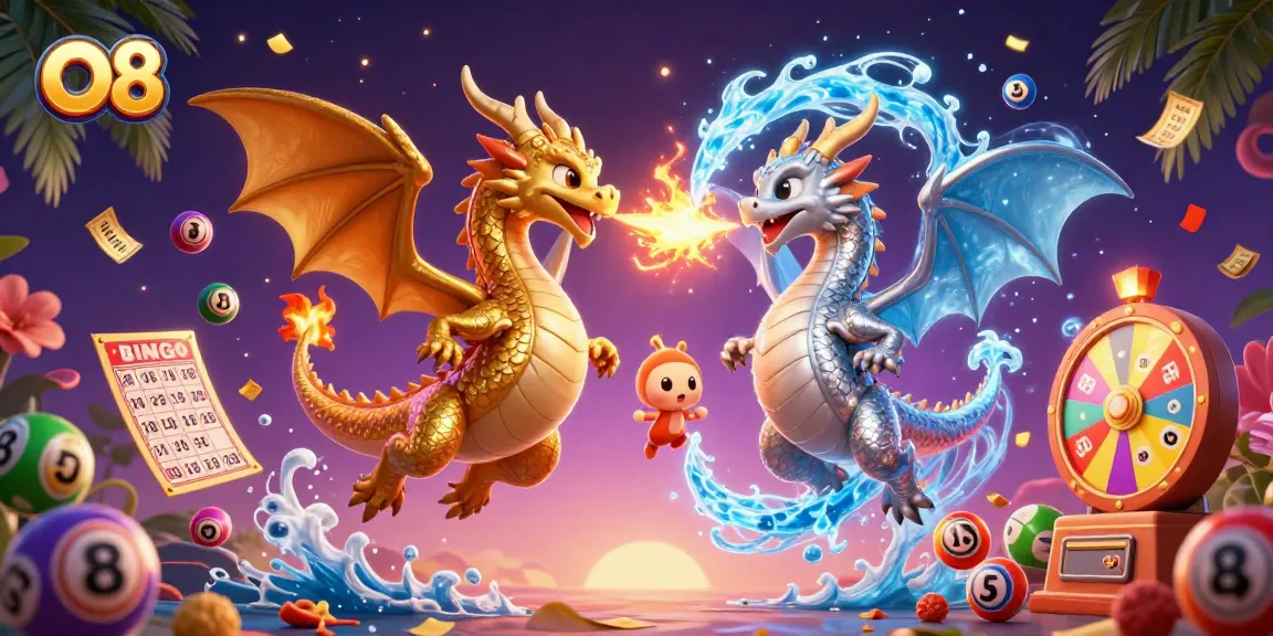 Engage with O8 gaming excitement featuring a dynamic scene of winning lottery symbols and vibrant dragons.