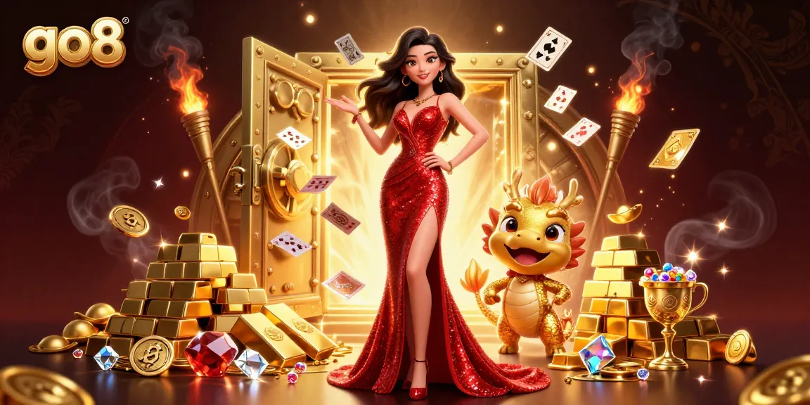 Experience thrilling moments at go8 with a glamorous Asian woman inviting players to win big in a vibrant casino scene.