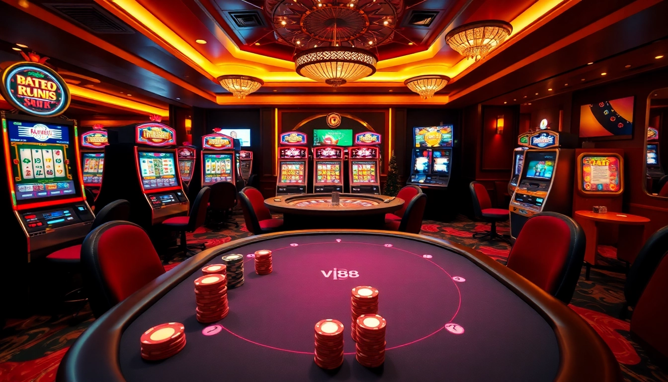 Experience the thrill of game vip88 at a luxurious casino with vibrant gaming elements.
