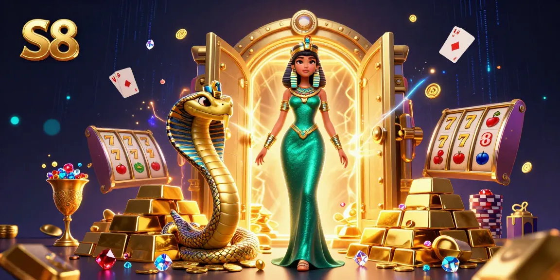 Engage in S8 slots and poker action with an enchanting scene of gold and jewels.