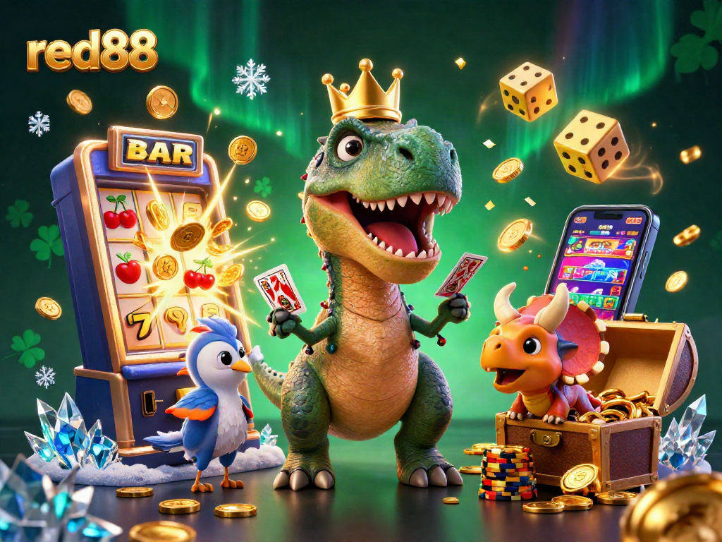 Experience the excitement of red88 with T-Rex and friends enjoying a vibrant casino scene.