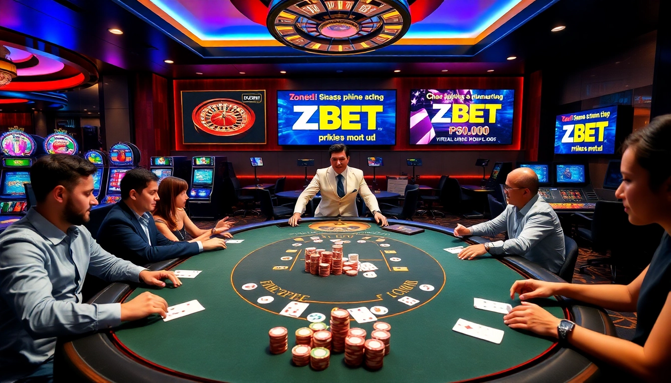 High-stakes gaming at ZBET casino with poker table, chips, and vibrant slot machines.