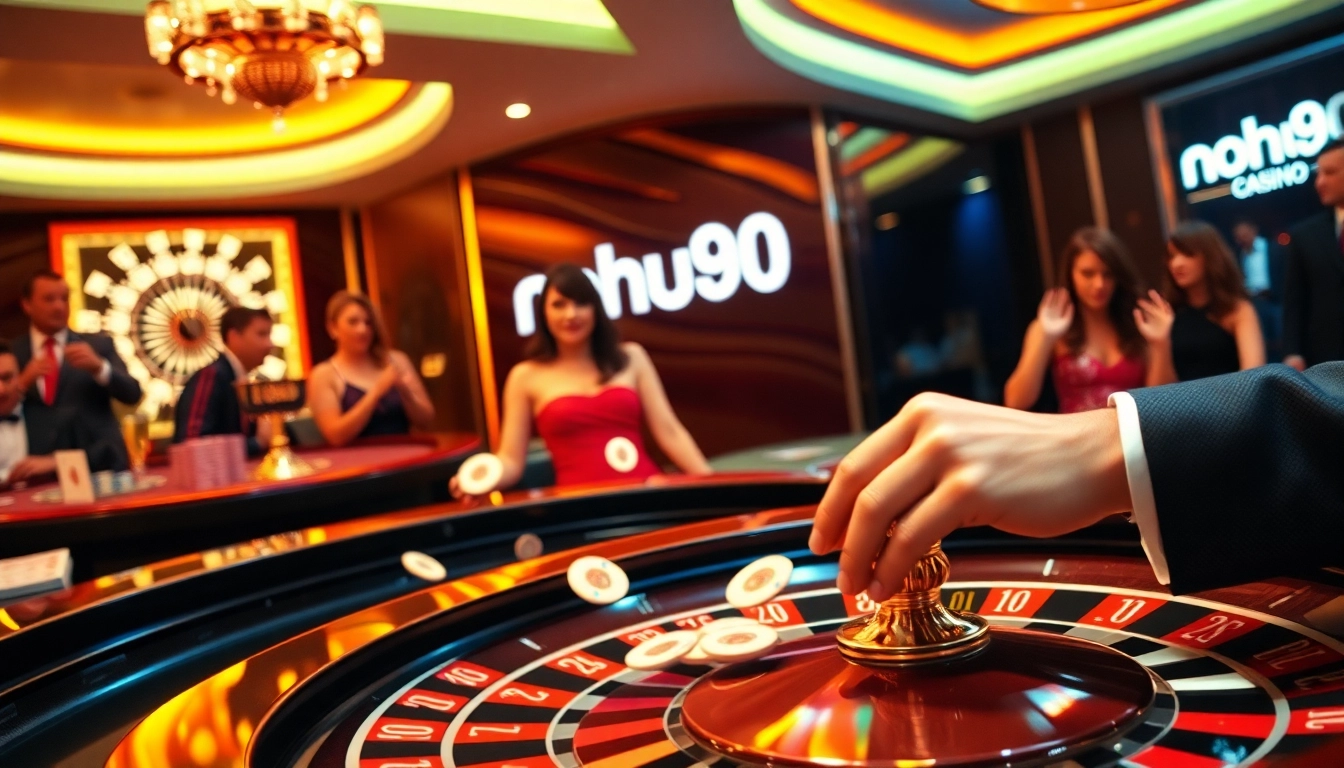 Players engaged in thrilling games at nohu90 casino, surrounded by bright lights and excitement.
