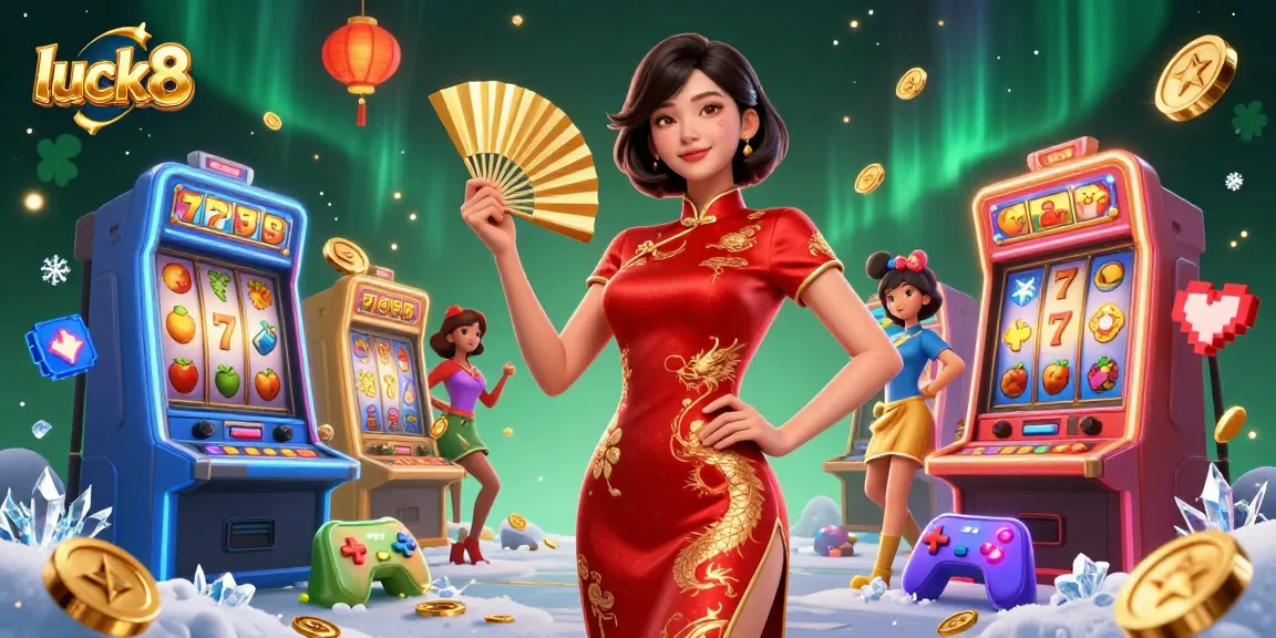 Experience luck8 slot action with vibrant Asian woman, golden dragons, and cascading coins.