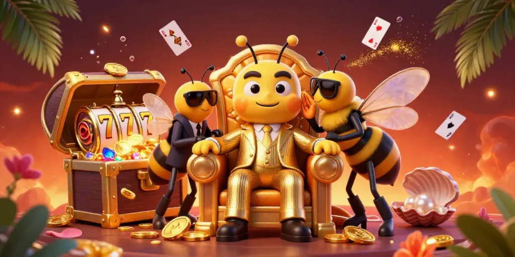 LUCK8 showcases a dynamic casino scene with a cartoon mob boss in a golden suit surrounded by game elements.