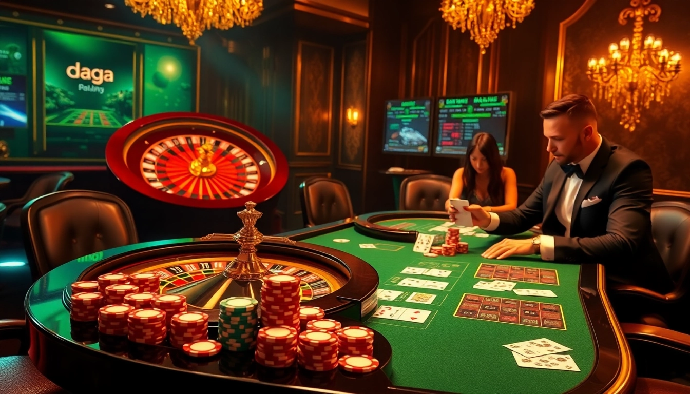 Daga's lively casino scene showcasing poker players surrounded by chips and dynamic gambling tables.