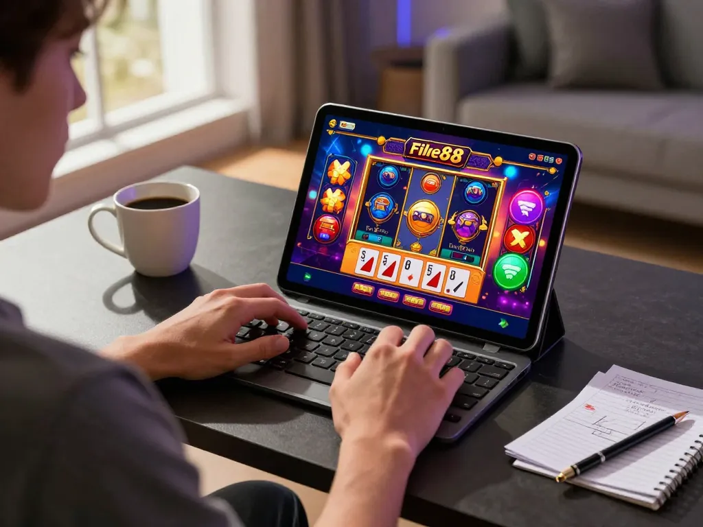 Enjoy thrilling moments on fly88 as player engages with captivating games on tablet at home.