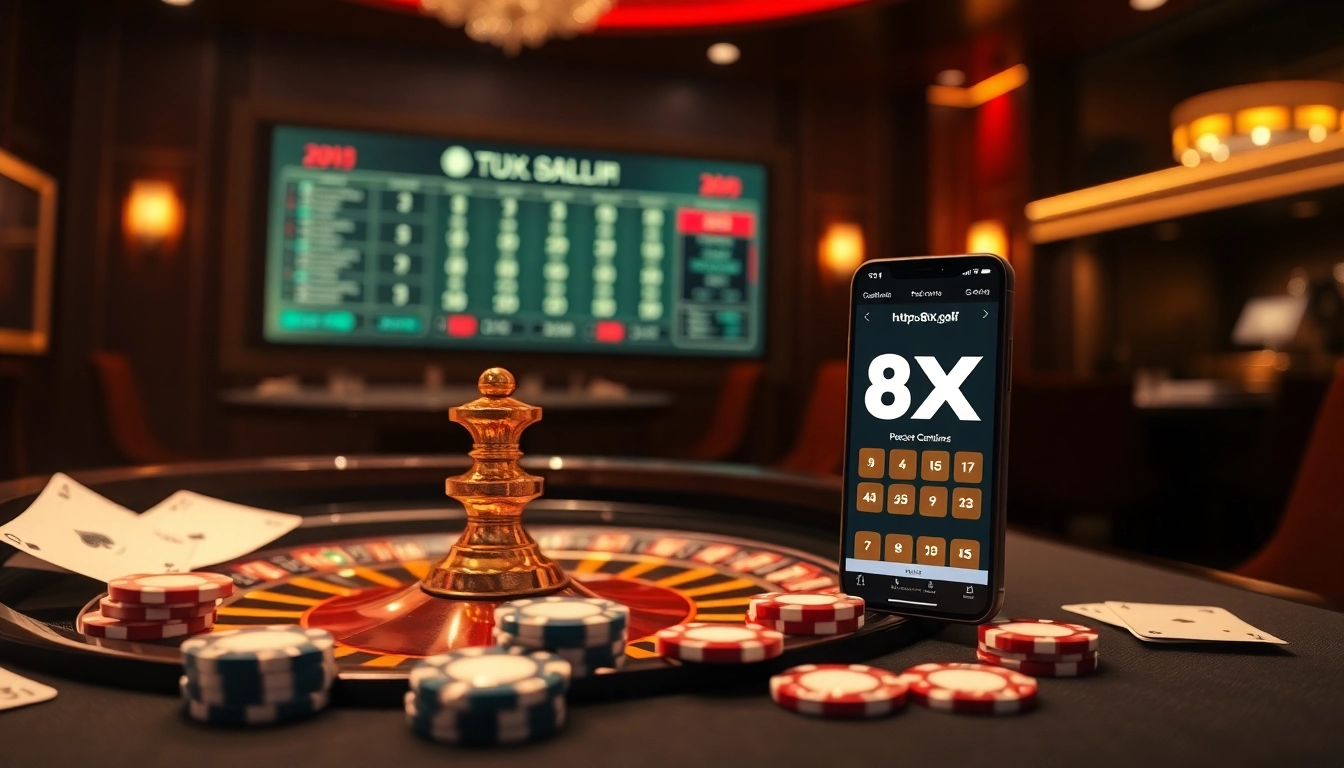 Experience the excitement of gambling on https://8xx.golf/ with a vibrant casino scene featuring roulette, poker chips, and betting slips.