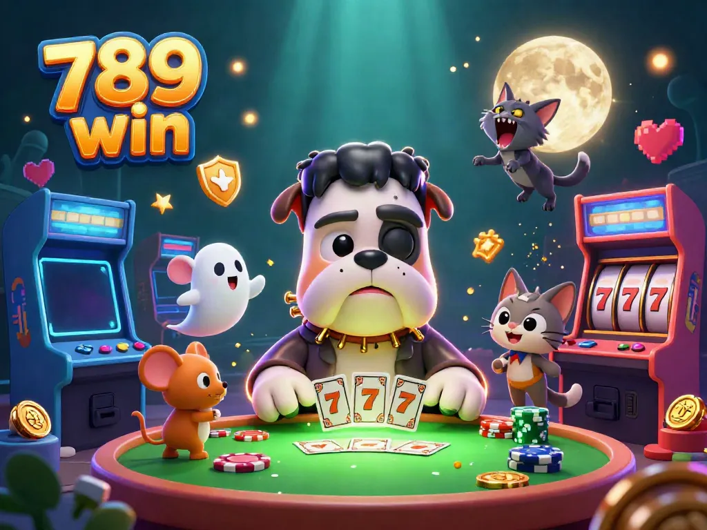 Engage in the thrilling world of 789 win with a cartoon Frankenstein bulldog dealer, surrounded by glowing game elements.