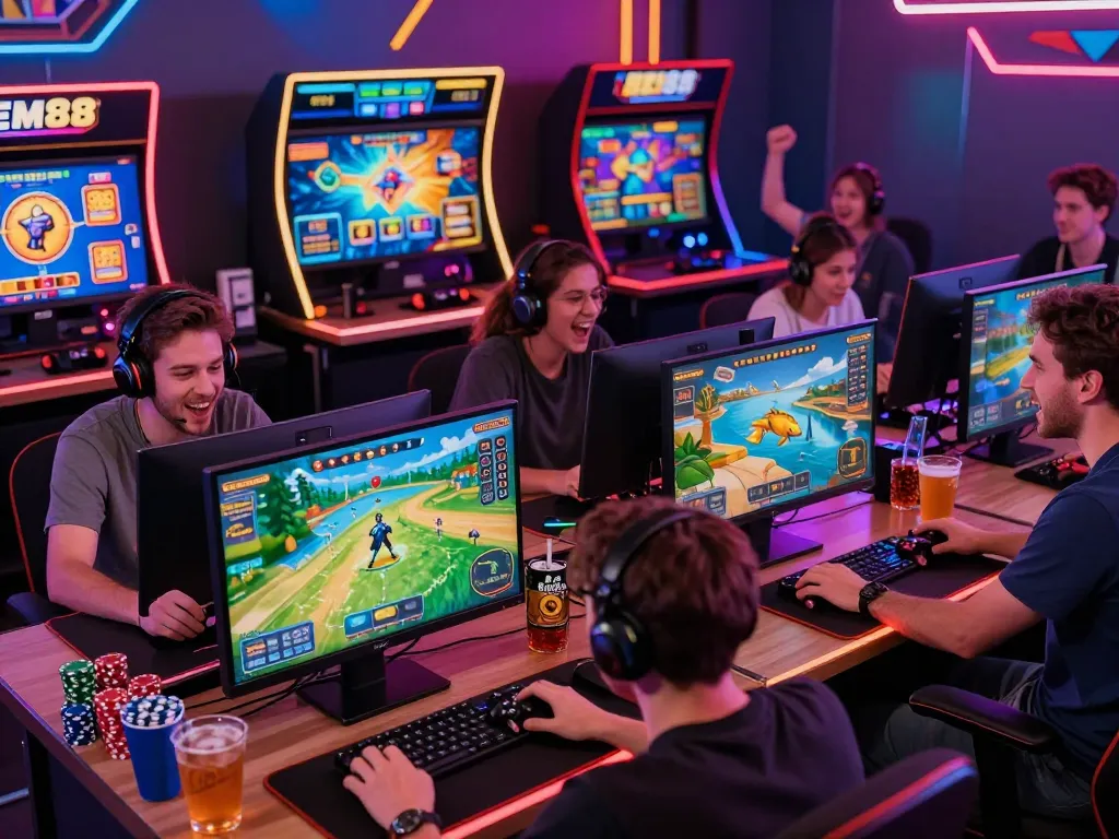 Excited players engaging with BEM88 online casino games in a vibrant gaming environment.