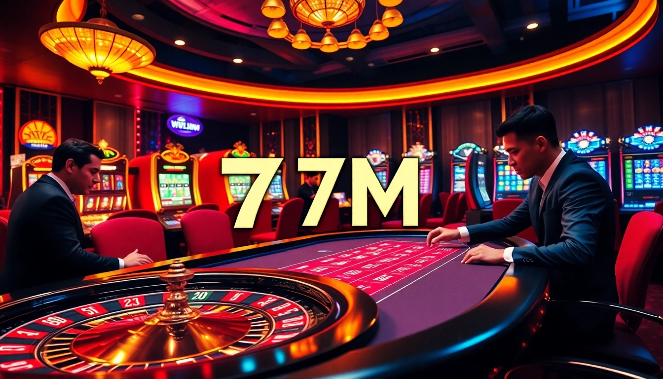 Players engaging in high-stakes poker at a luxurious casino, with 7M branding subtly integrated.