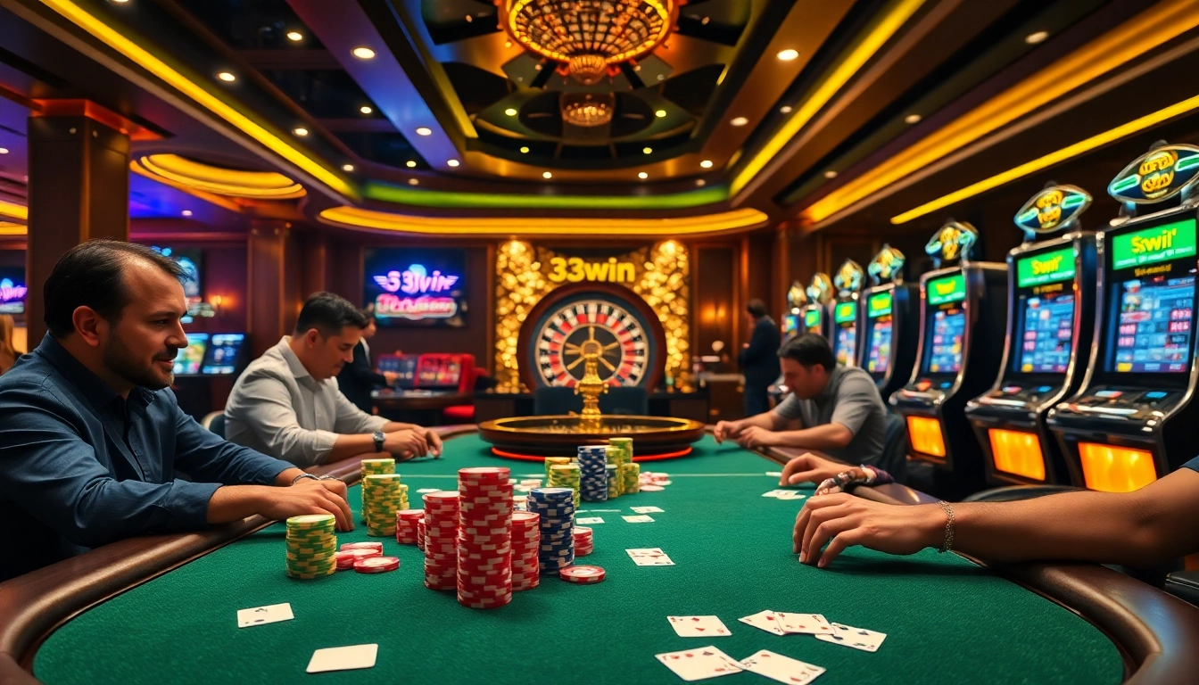 Players enjoying high-stakes poker at 33win, showcasing vibrant casino excitement and elegance.
