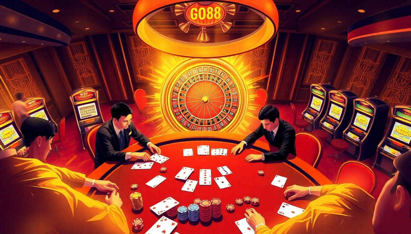 Exciting Go88 casino scene with poker players and roulette wheel in vibrant lighting.