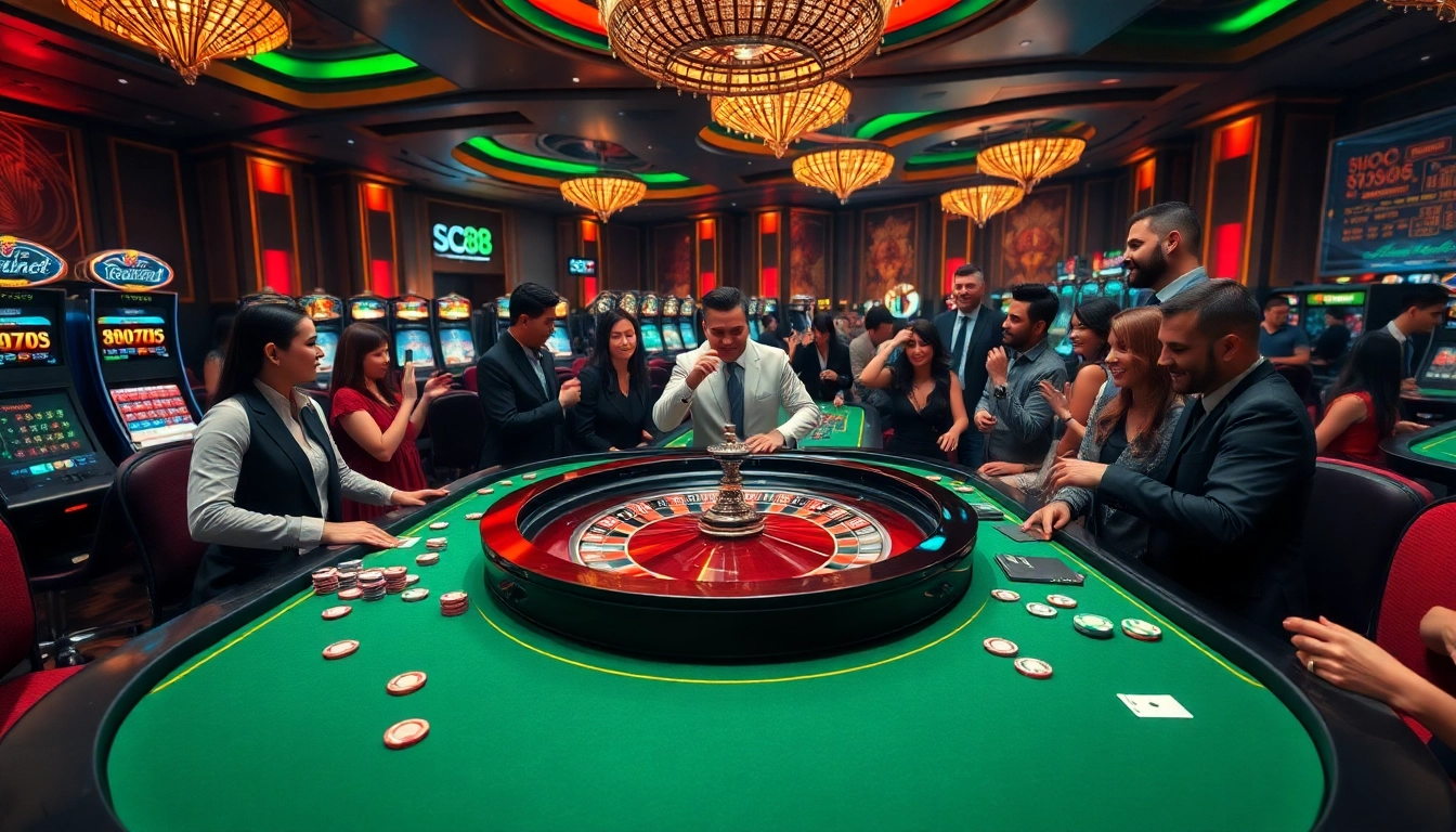 Players enjoying high-stakes games at SC88 casino with roulette and poker tables.