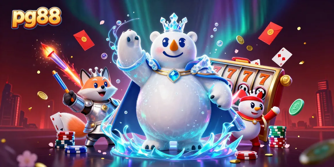 Experience excitement in pg88 with a polar bear king and fox companion amidst vibrant casino elements.