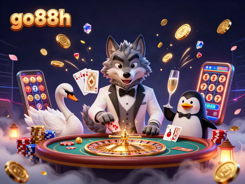 Experience go88h with a debonair wolf and elegant characters celebrating at a vibrant casino.