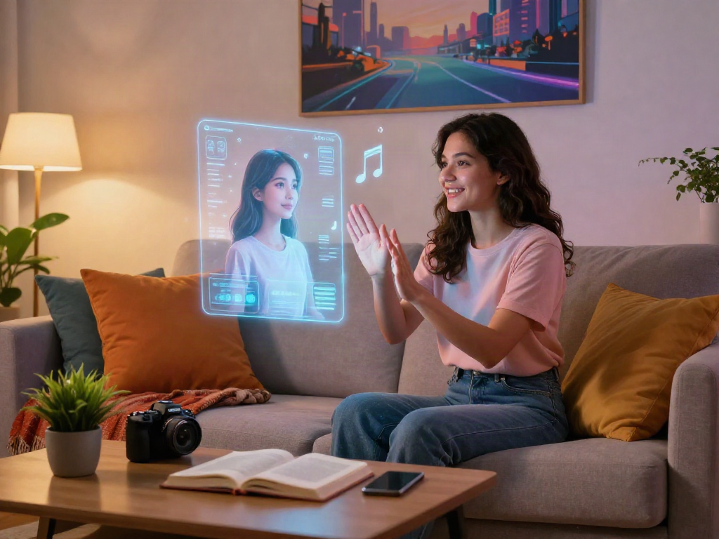 Engaging moment with an AI girlfriend hologram in a cozy living room.
