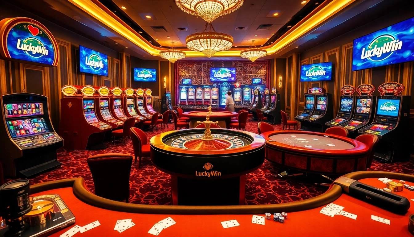 Players enjoying exciting games at LuckyWin's luxurious online casino, showcasing vibrant slot machines and roulette.