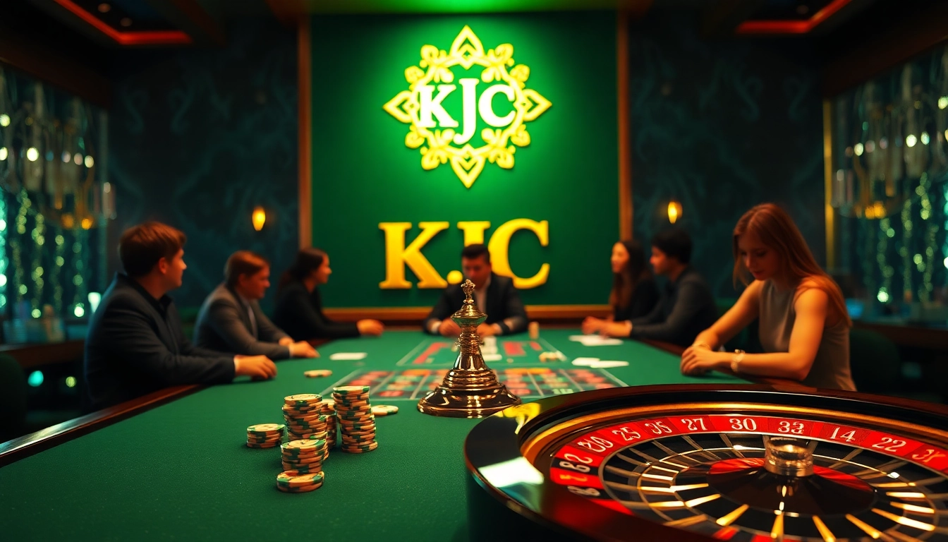 KJC poker game at a luxurious casino table with vibrant chips and cards