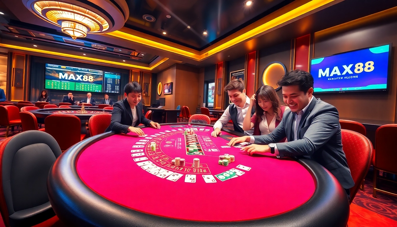 Players strategizing at a MAX88 poker table in a luxurious casino setting.