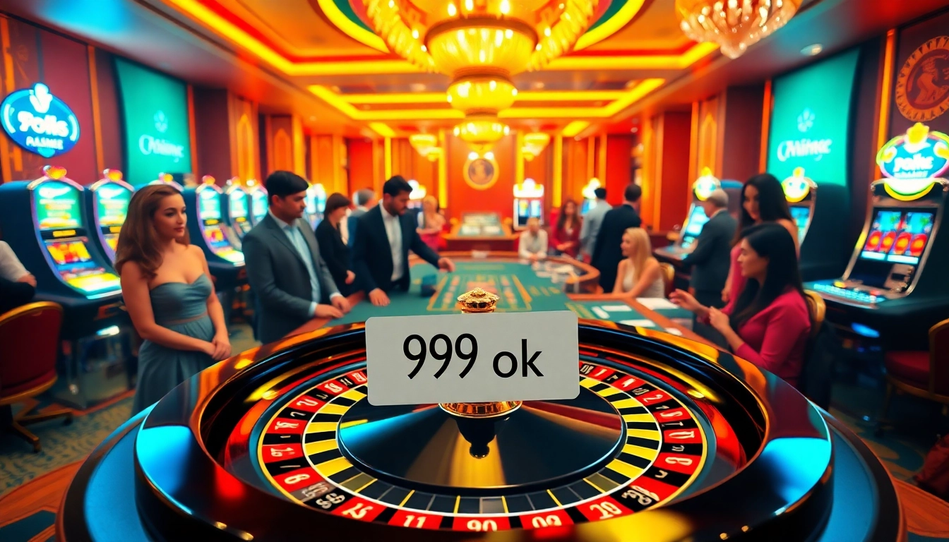 Gambling excitement at a luxurious casino showcasing 99 ok betting action with players at a roulette table.