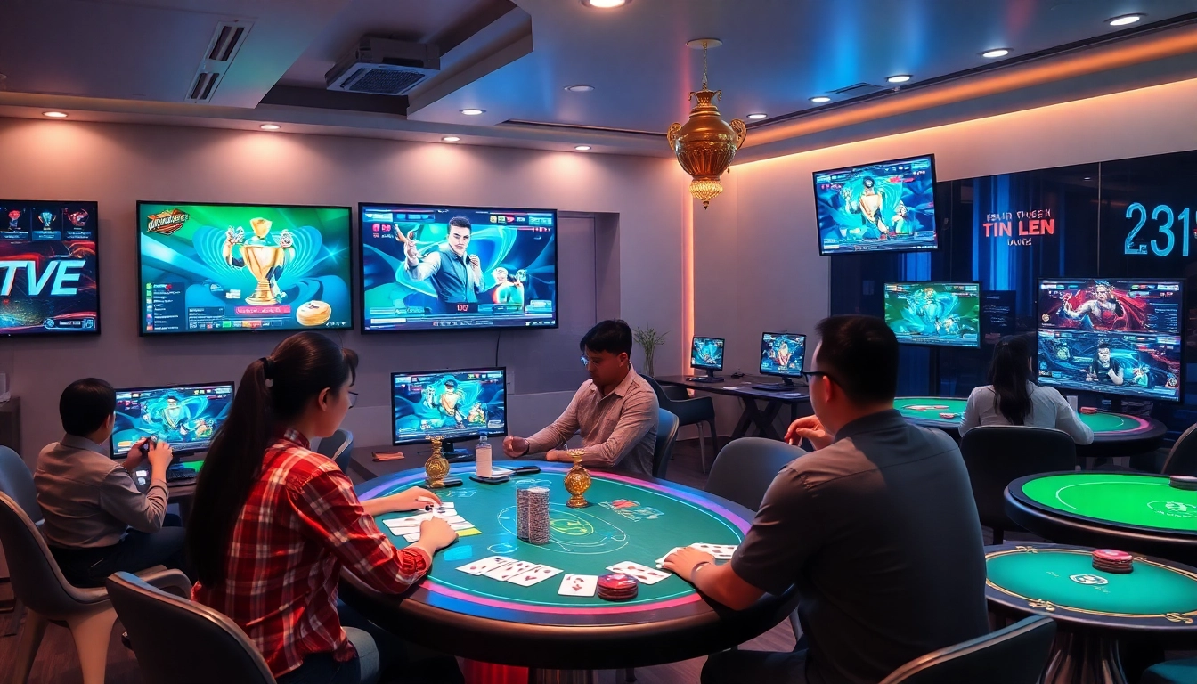 Engaging scene of online card gaming at topgamebaidoithuong.mx with players and vibrant digital interfaces.