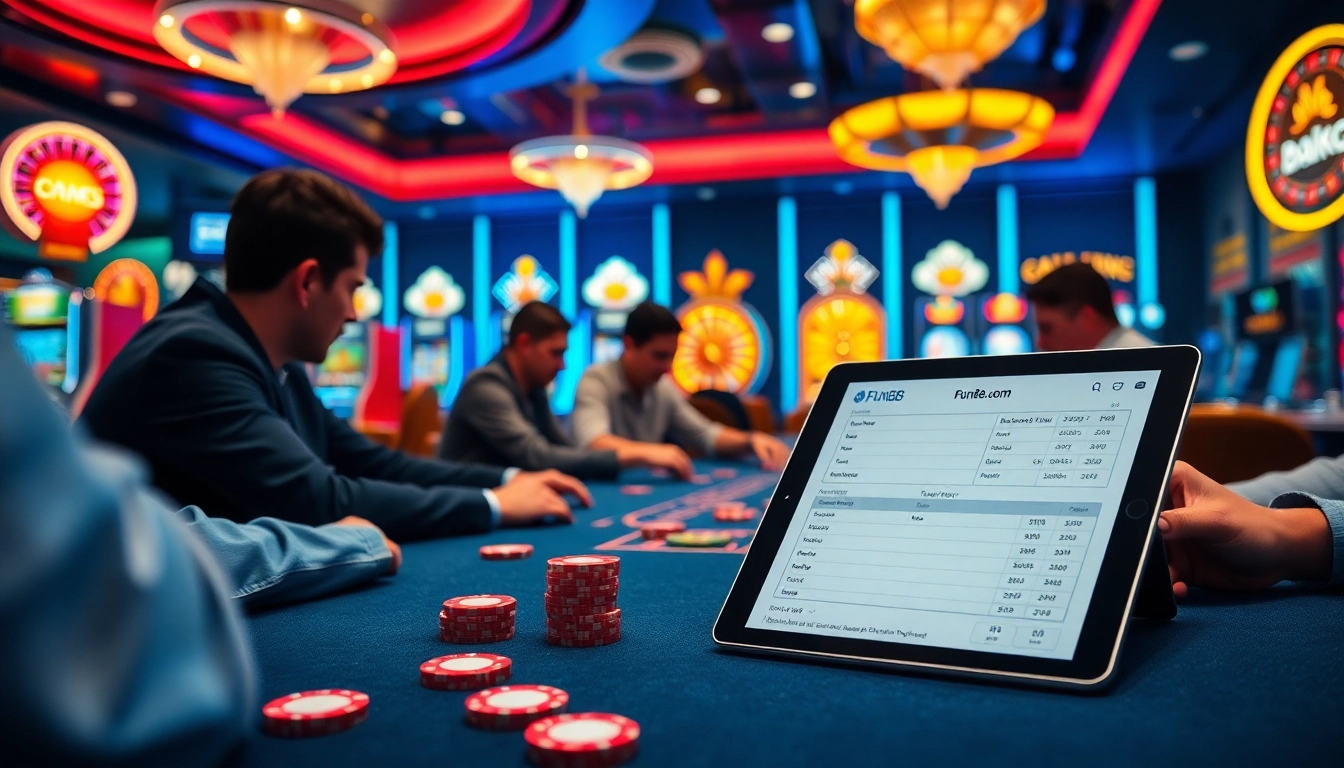 Players engaging at a poker table in a vibrant casino setting, showcasing Fun88.com excitement.
