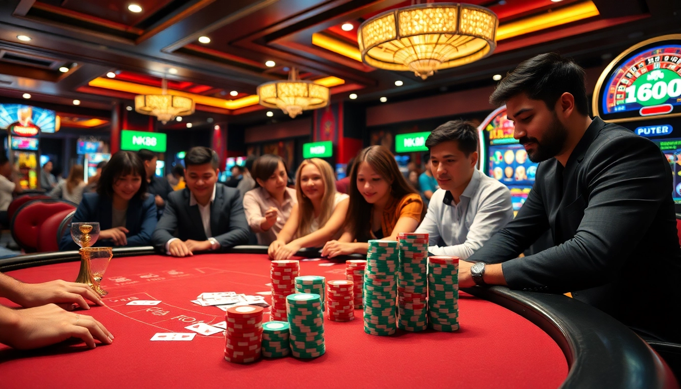 An exciting casino scene with nk88 com branding, showcasing players engaged in poker and roulette, reflecting a vibrant atmosphere.