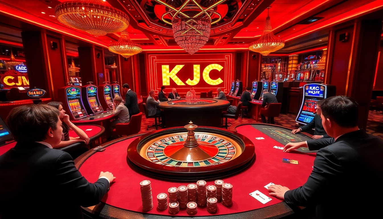 KJC players engaging with roulette and poker tables in a vibrant casino environment.