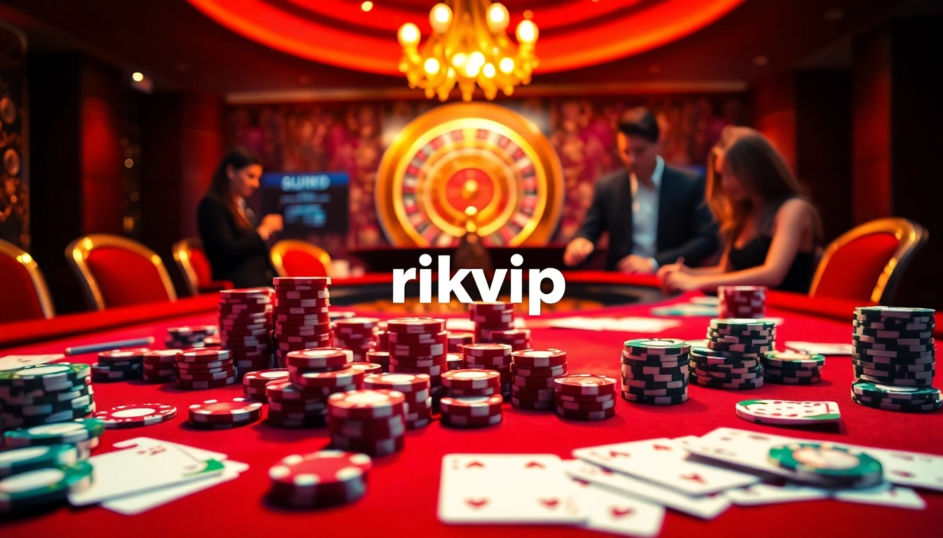 Exciting scene at a rikvip casino table, showcasing vibrant poker chips and players in focus.