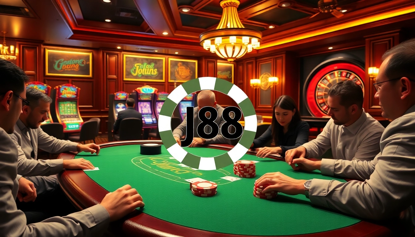 Players strategizing their bets at a j88-themed poker table in a luxurious casino setting.