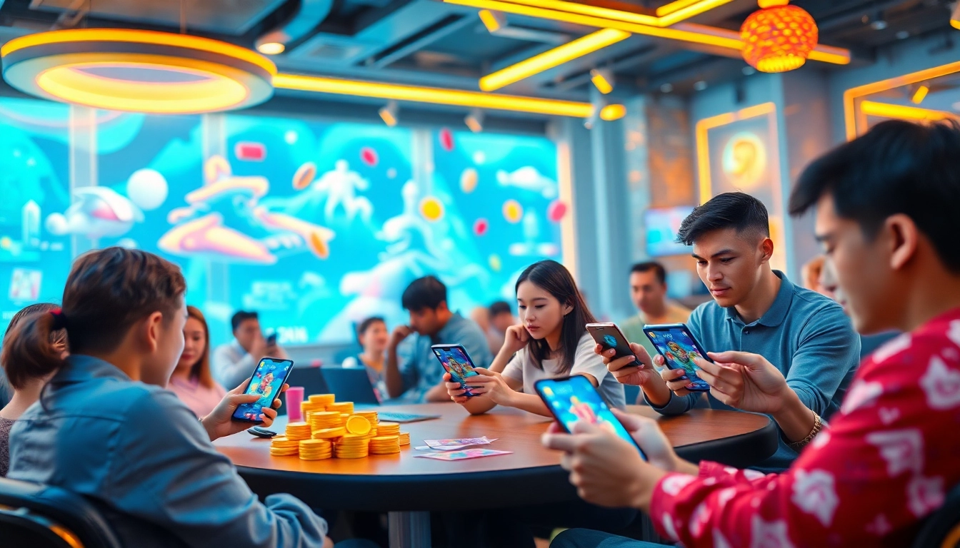 Engaging digital card gaming scene showcasing gamebaidoithuong.com.vc with vibrant graphics and players immersed in gameplay.