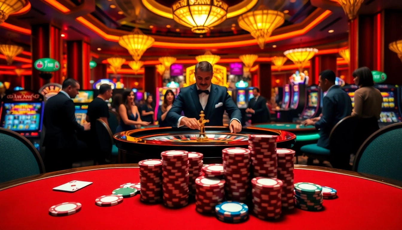 Experience the thrill of gambling at fun79 with a vibrant casino atmosphere showcasing roulette and poker.