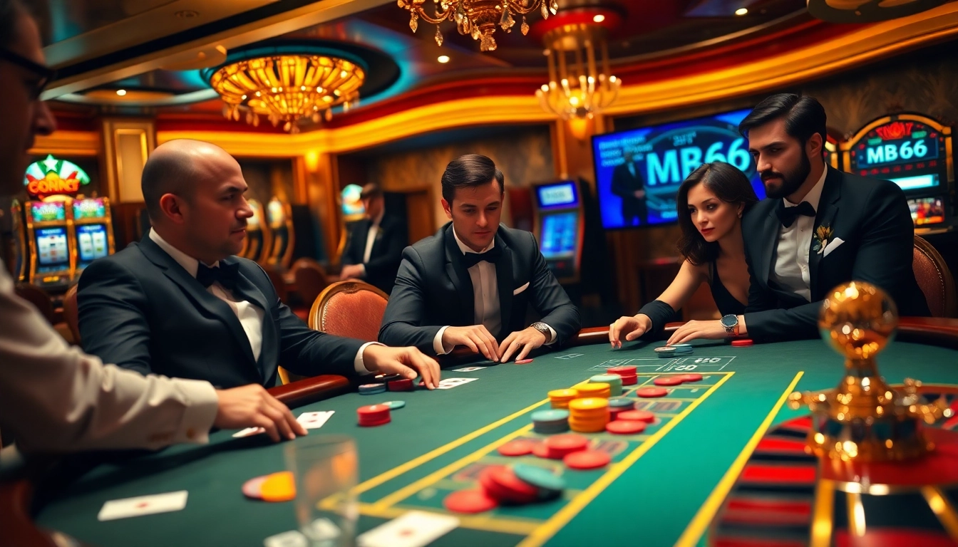 Players engage in a thrilling poker game at a luxurious casino with MB66 betting options.
